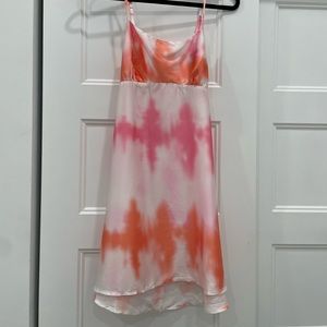 COLLUSION tie dye open back satin mini slip dress in orange and pink